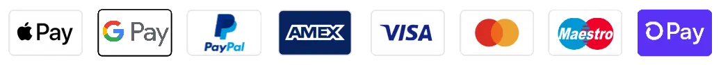 Apple Pay, Google Pay, PayPal, Amex, Visa, Mastercard, Maestro, Shop Pay