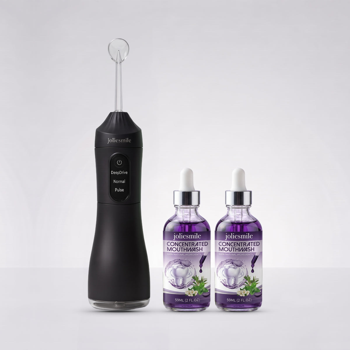 DeepDrive water flosser with 2 bottles of tea tree concentrated mouthwash