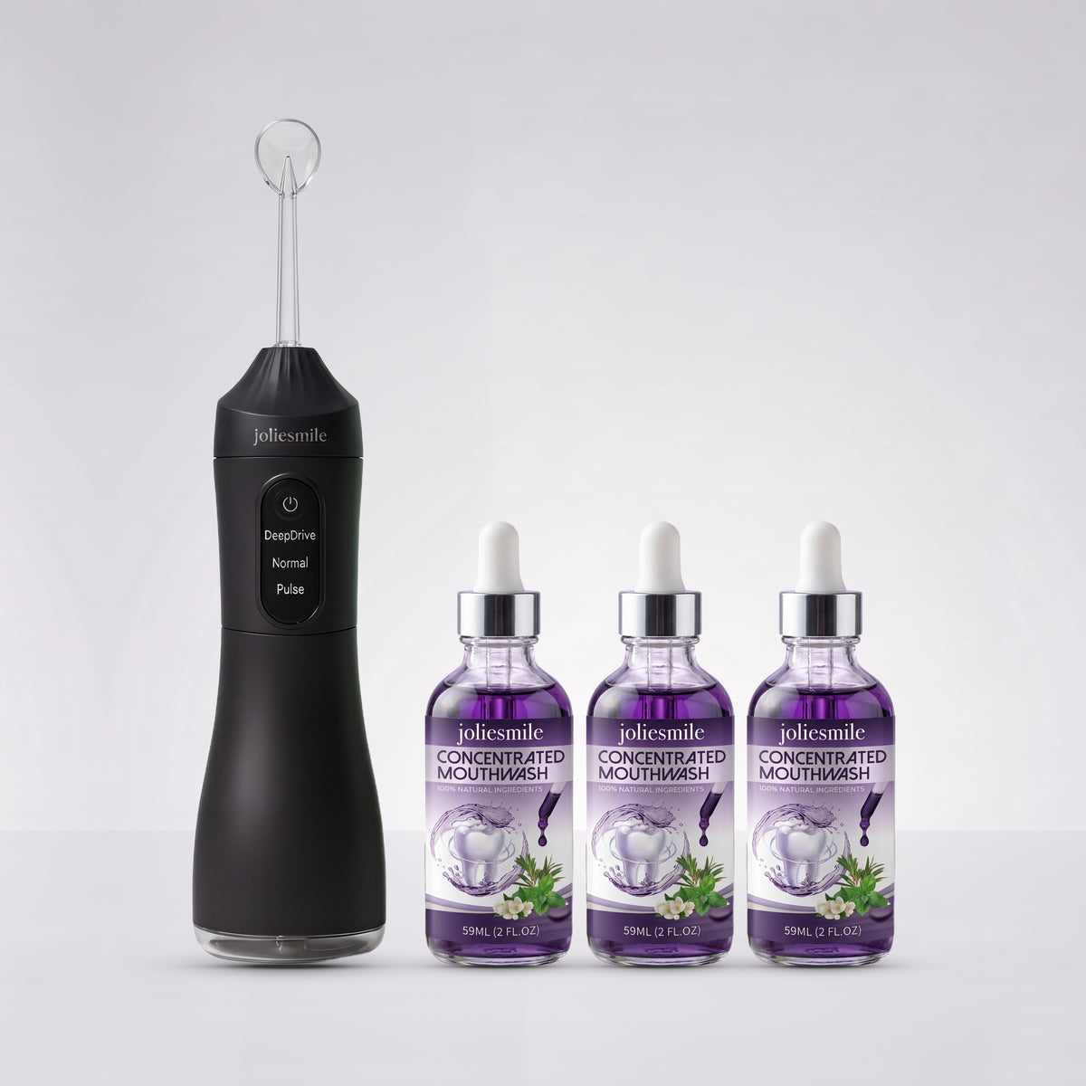 DeepDrive water flosser with 3 bottles of tea tree concentrated mouthwash