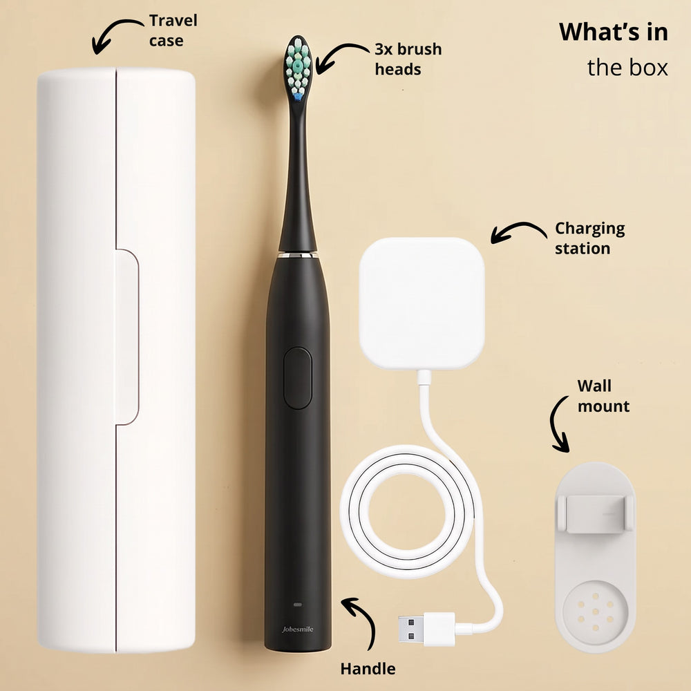 What's in the box: brush, 3 brush heads, charging station, travel case and wall mount