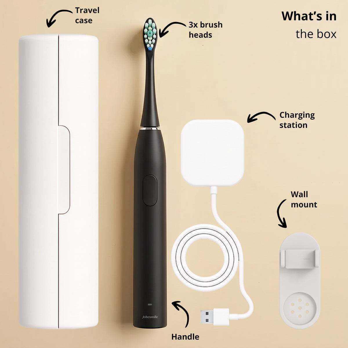 What's in the box: brush, 3 brush heads, charging station, travel case and wall mount